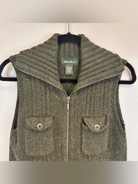 Dark Green Knit Zip-Up Vest Pockets Size M Cotton Angora Gorpcore Granola Hiking - Picture 2 of 9